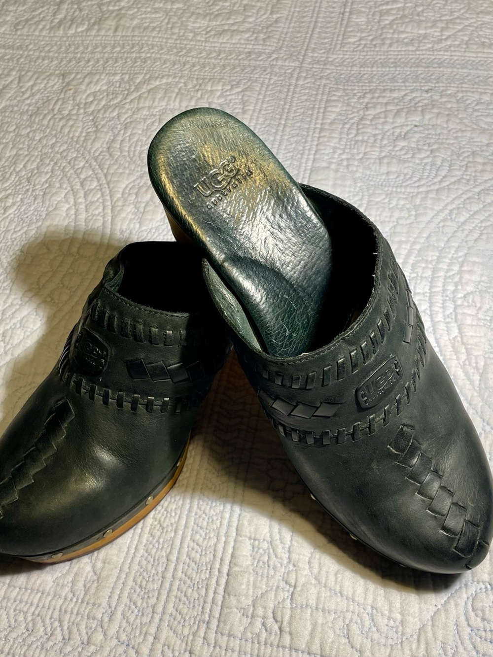 UGG Women's Black Leather Woven Mule Clogs